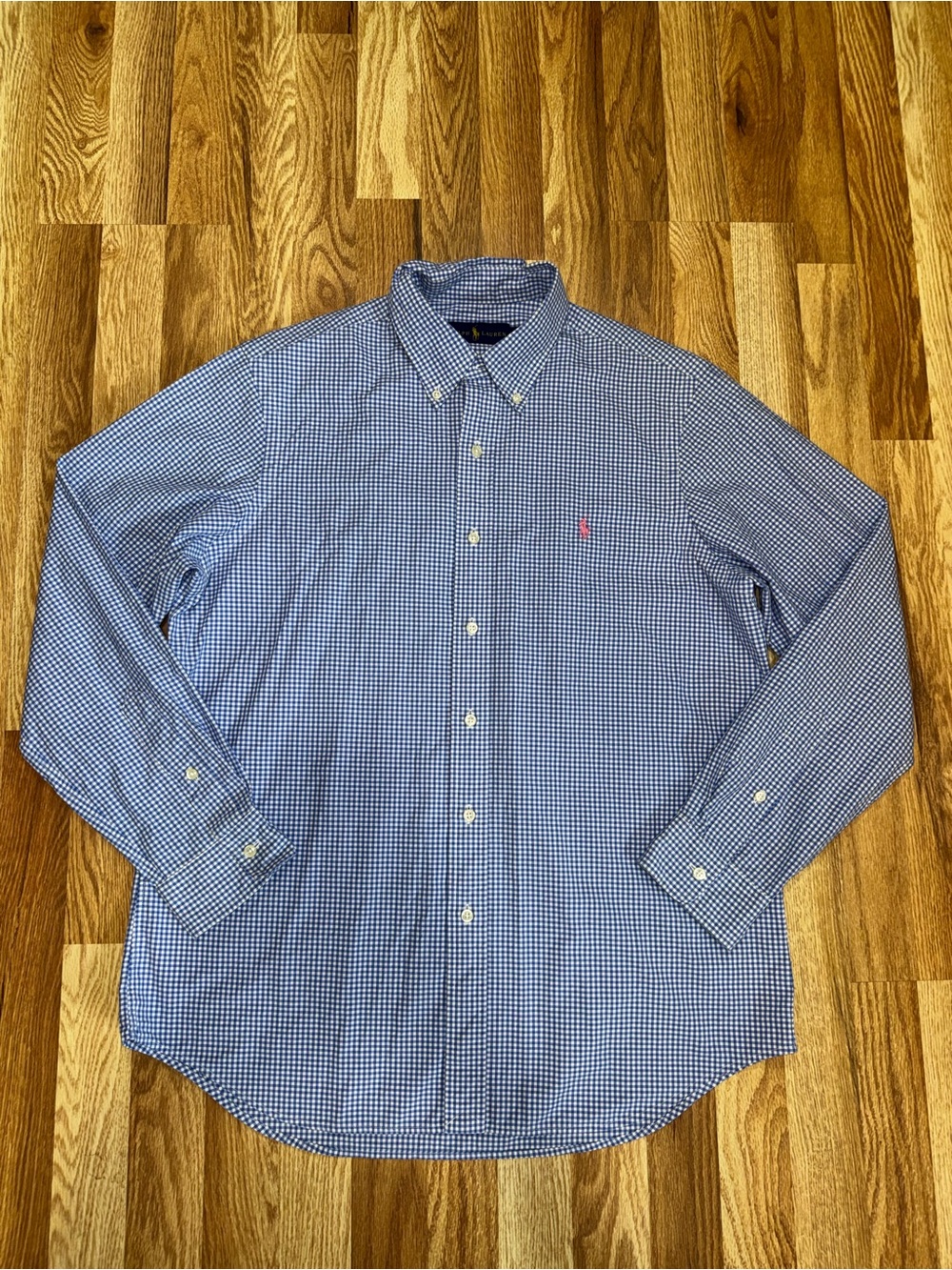 Polo Ralph Lauren Blue White Gingham Button Down Shirt Pink Pony Logo Men’s L